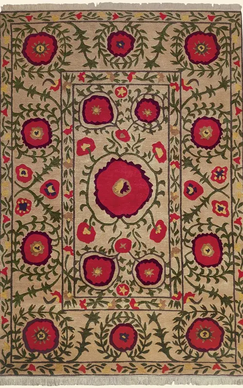 Tibet Rug Company Poppies Beige Hand Knotted Tibetan Wool Rug