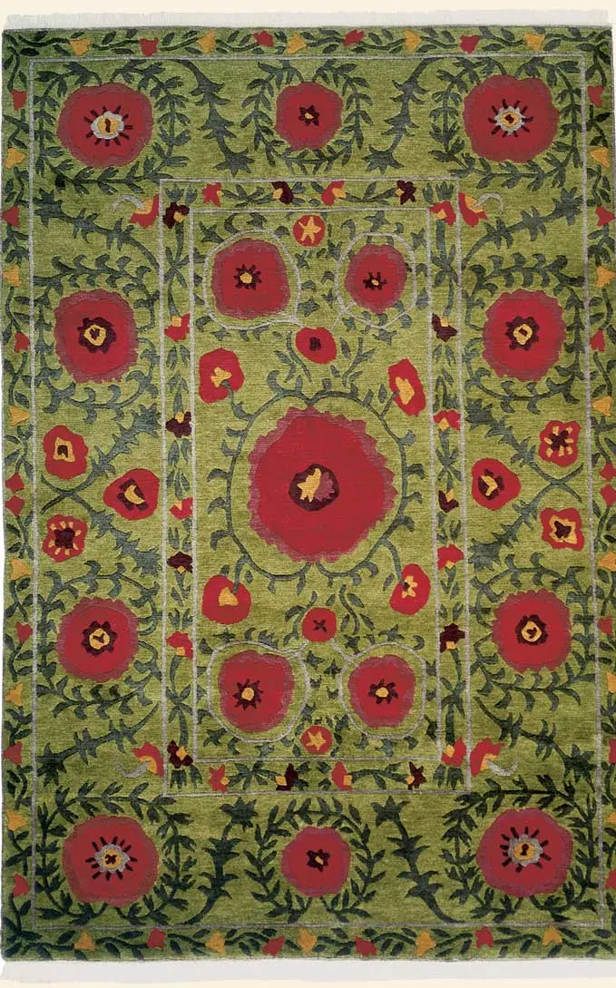 Tibet Rug Company Poppies Green Hand Knotted Tibetan Wool Rug