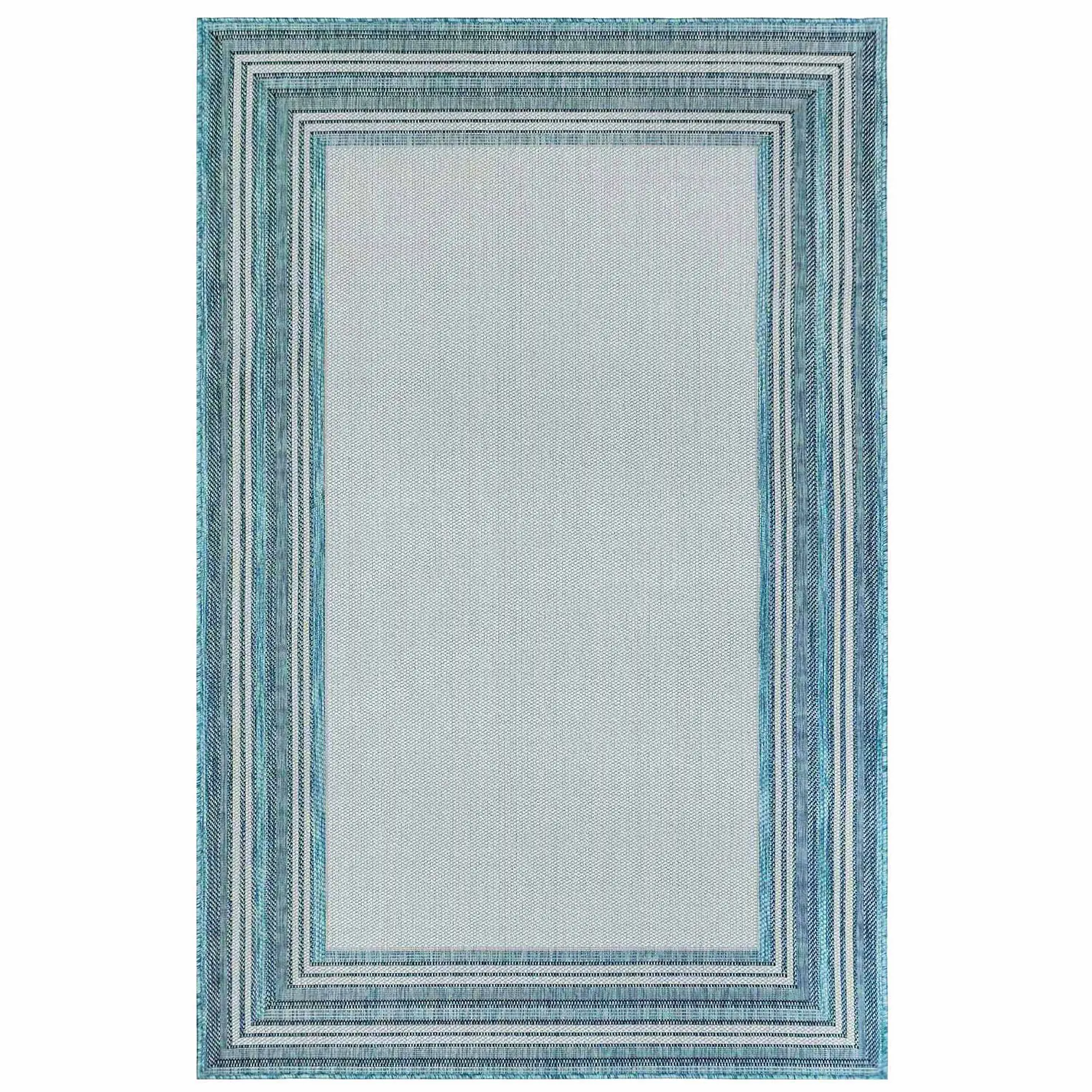Liora Manne Carmel Low Profile  Easy Care Indoor/Outdoor Woven Rug- Multi Border Aqua