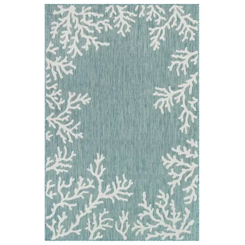 Liora Manne Carmel Low Profile Easy Care Indoor/Outdoor Woven Rug- Coral Border Aqua