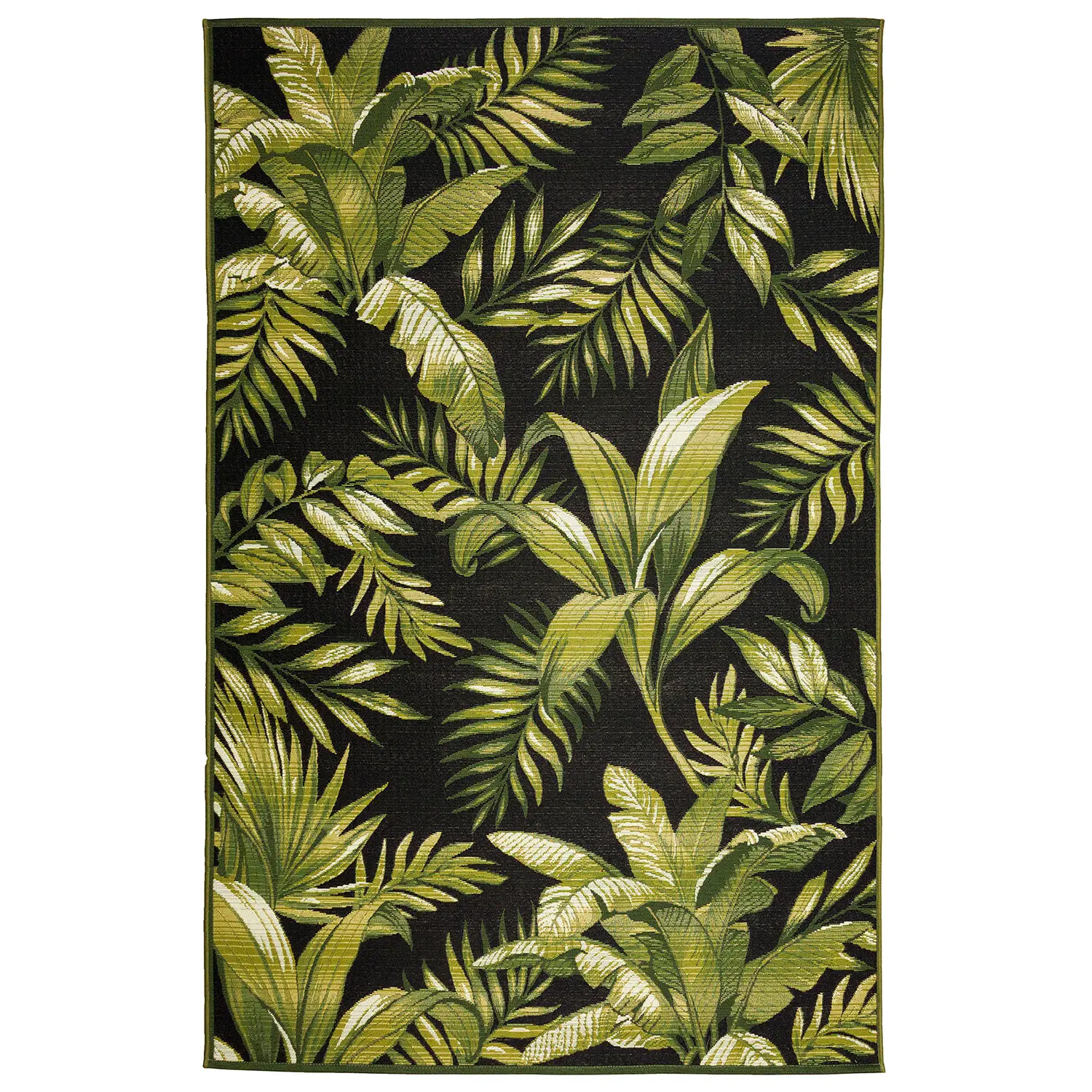 Liora Manne Marina Low Profile  Durable Indoor/Outdoor Woven Rug- Jungle Leaves Black