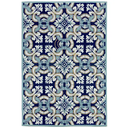 Liora Manne Ravella Indoor/Outdoor Durable Hand-Tufted UV Stabilized Rug- Floral Tile Navy