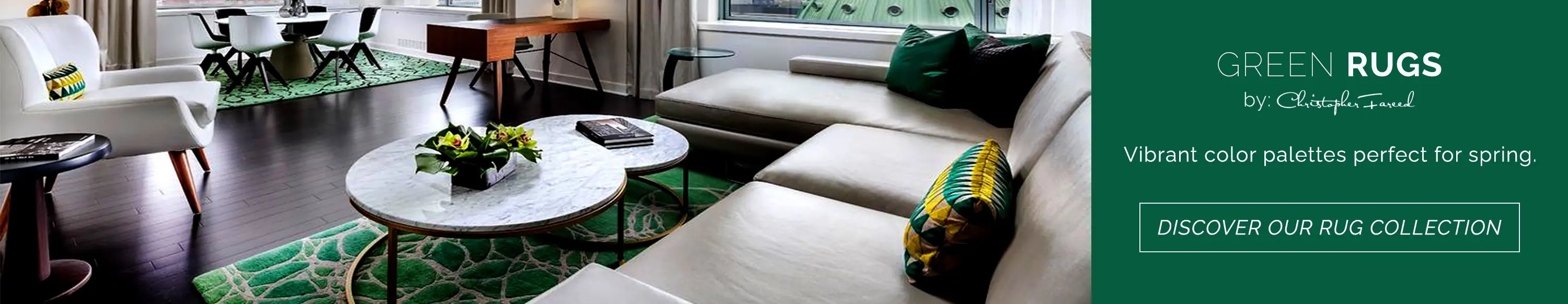 Vibrant color palettes perfect for spring. Discover Christopher Fareed's collection of green handmade area rugs.