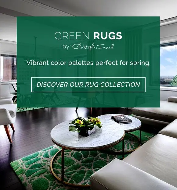 Vibrant color palettes perfect for spring. Discover Christopher Fareed's collection of green handmade area rugs.