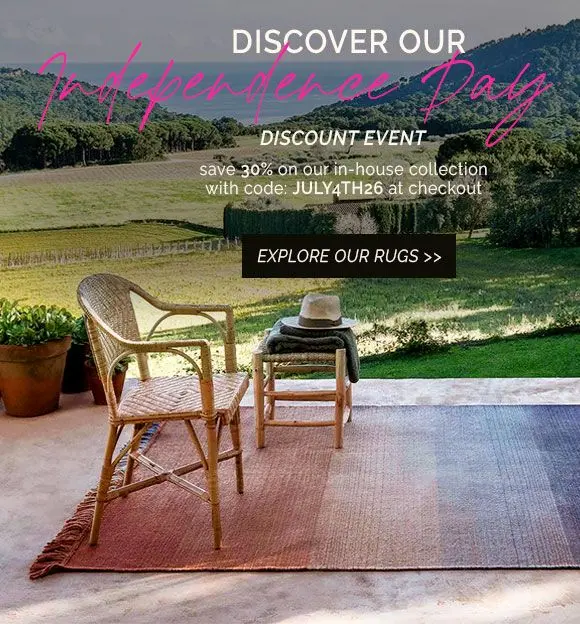 Enjoy 30% off our in-house collection of handmade luxury area rugs during our Independence Day discount event. Use code: JULY4TH26 at check out. Explore our rugs now!